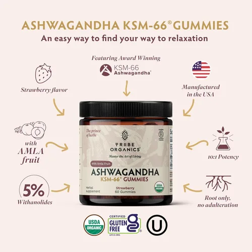 Vista 2 de Ashwagandha KSM-66 - Gomitas para adultos, extracto de raíz orgánica pura, suplemento ayurvédico para hombres y mujeres, apoyo al estado de ánimo