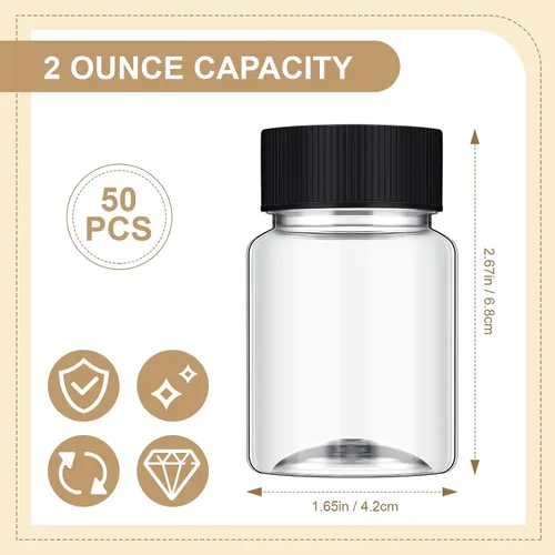 Vista 3 de Lallisa 50 botellas de plástico de 2 onzas con tapas, mini botella de jugo transparente con tapa, recipientes de jengibre reutilizables a prueba