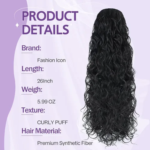 Vista 4 de Icono de la moda - Extensión de cola de caballo rizada ondulada con clip, cabello real, cola de caballo negra, extensiones de cordón con clip