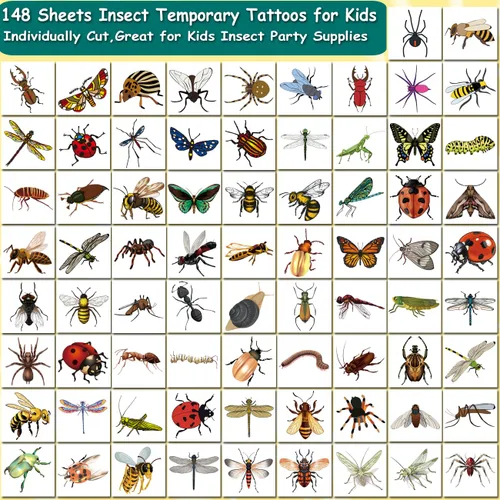 Vista 3 de CHARLENT 148 hojas individuales de tatuajes temporales de insectos para niños, tatuajes de insectos para niños, suministros de fiesta de cumpleaños
