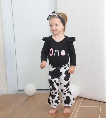 Vista 2 de Detigee Traje de primer cumpleaños para niñas, traje de cumpleaños de vaca, ropa de primer cumpleaños para bebés