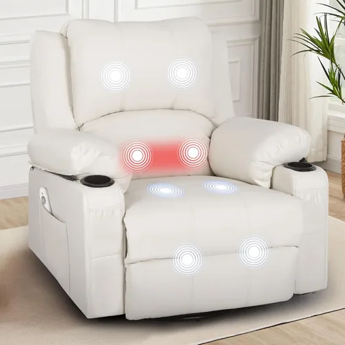 Vista 9 de Mecedora reclinable giratoria de piel sintética con portavasos para calor y masaje, silla mecedora con relleno, silla reclinable con calefacción