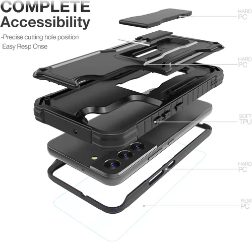 Vista 4 de FITO Funda para Samsung Galaxy S22, doble capa a prueba de golpes resistente para teléfono Samsung S22 5G con protector de pantalla, soporte Negro
