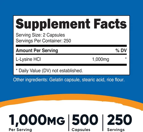 Vista 2 de Nutricost L-lisina 500mg (1000mg porción), 500 cápsulas (3 botellas)