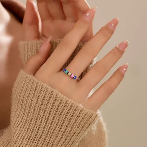 Vista 3 de LOVECOM Anillo giratorio de plata de ley 925 con cuentas esmaltadas coloridas para mujer, anillo giratorio antiansiedad, giratorio, apilable
