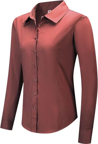 Vista 24 de Blusa de trabajo con botones para mujer, de algodón elástico, manga larga, ajuste delgado