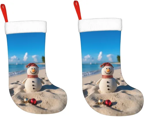 Vista 2 de Muñeco de nieve de arena en la playa, medias de Navidad de felpa personalizadas, decoraciones de medias colgantes de Navidad para vacaciones, fiesta