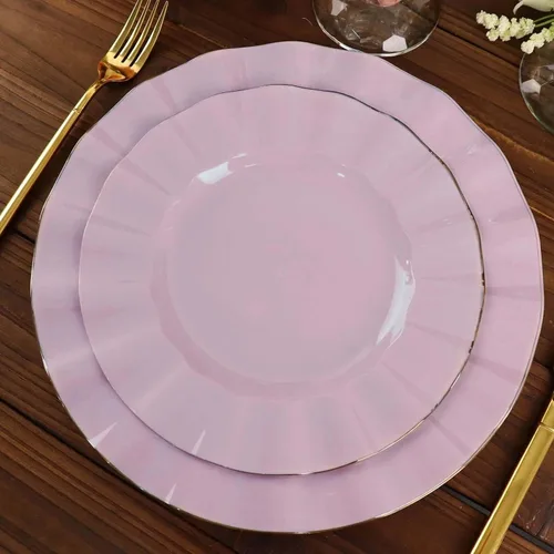 Vista 24 de Efavormart 10 Pack Platos redondos de plástico negro de 6" para postre y ensalada, platos desechables para aperitivos con borde ondulado dorado