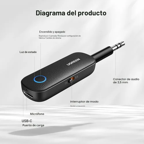 Vista 6 de UGREEN Transmisor Receptor Bluetooth para 2 AirPods o Dispositivos BT, Transmisor Inalámbrico Bluetooth para Auriculares, Adaptador de Audio