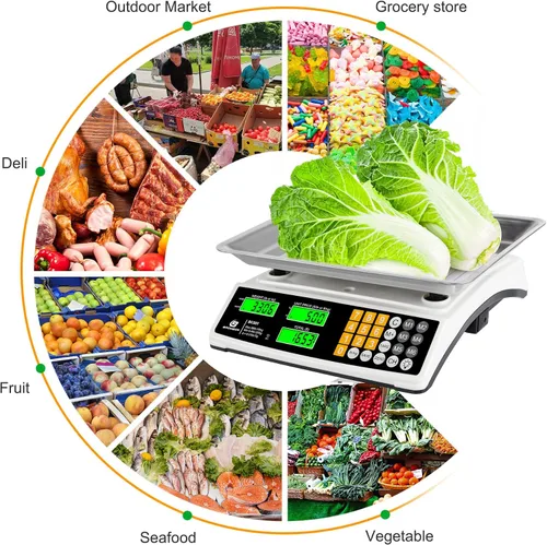 Vista 8 de Báscula de cálculo de precios 88lb/40kg Báscula comercial de alimentos para productos agrícolas y carne con plataforma grande de acero inoxidable