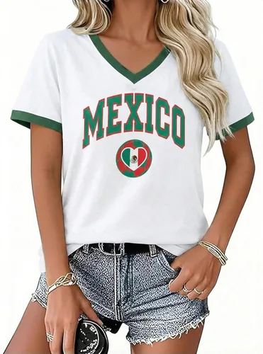 Vista 9 de Camiseta de fútbol 2026 para mujer, camisetas de México, camiseta de Brasil, camisetas gráficas divertidas de fútbol Y2K con cuello en V