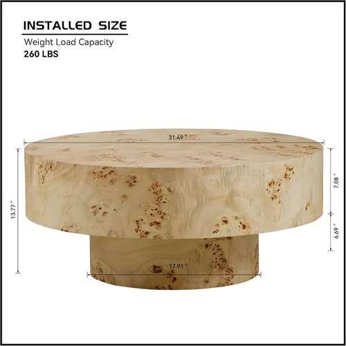 Vista 2 de Mesa de centro redonda de madera de Burl de 31.49 pulgadas, moderna mesa de centro circular circular baja contemporánea para sala de estar, espacio