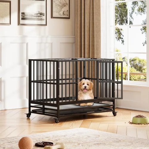Vista 7 de Jaula para perros resistente de 37 pulgadas con ruedas, jaula indestructible de acero a prueba de escape, ruedas con bloqueo de 360° y bandeja