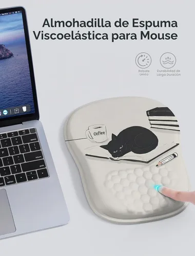 Vista 5 de Alfombrilla de mouse ergonómica con bonito diseño de gato negro, para aliviar el dolor del túnel carpiano, área de mouse 65% utilizable