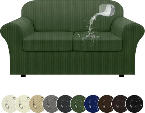 Vista 42 de Funda impermeable para silla con brazos, juego de 2 piezas, funda a rayas para 1 sofá separado con cojín en T, fundas de sillón de tela