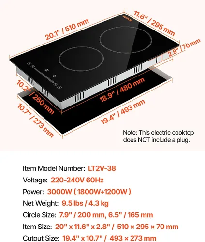 Vista 7 de VEVOR - Estufa eléctrica integrada, encimera de 12 pulgadas con 2 quemadores, cocina radiante de vidrio de 240 V con control táctil de sensor