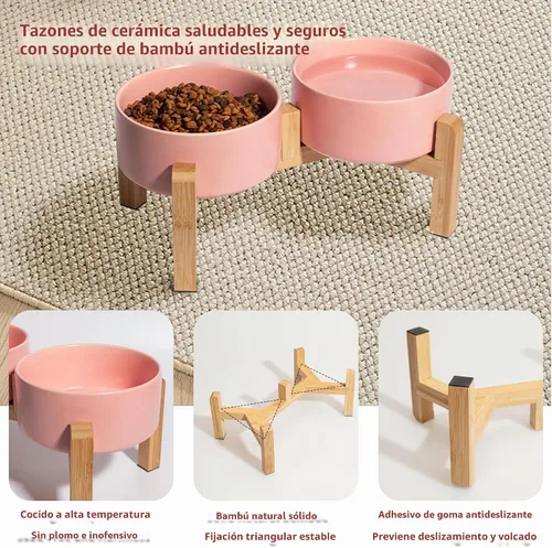 Vista 3 de Tazón elevado de cerámica para perros, 3.6 tazas de comida y agua para Rosa