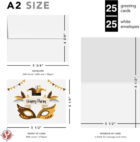 Vista 6 de 25 tarjetas de felicitación Happy Purim, máscara tradicional de símbolos de Purim, pergamino, invitaciones de felicitación religiosas judías