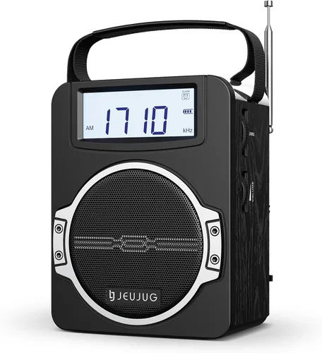Vista 9 de JEUJUG Radio AM FM portátil, Radio Bluetooth 5.0 de 5 Watts con altavoz, Radio FM con batería recargable incorporada/Batería DC D*4 de celdas Negro