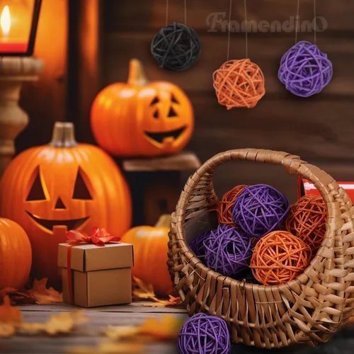 Vista 2 de Framendino, Paquete de 24 bolas de ratán de Halloween de 2 pulgadas, adornos de jarrón de bola de mimbre