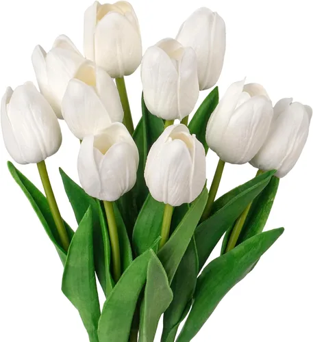 Vista 11 de 10 tulipanes falsos rosas de poliuretano de imitación de tulipanes artificiales para decoración, ramo de primavera falso para decoración de flores