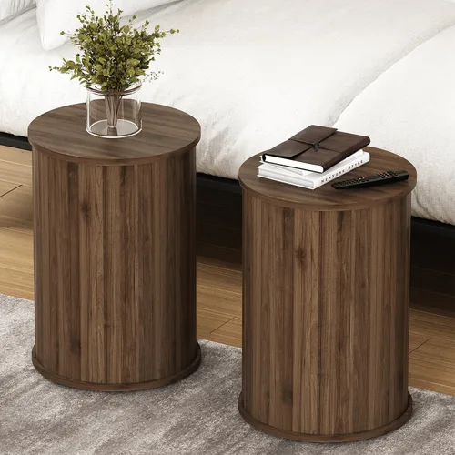 Vista 9 de Mesa auxiliar redonda acanalada para sala de estar, moderna mesa auxiliar de madera para sofás y sofás para espacios pequeños, mesa de noche de 21.9