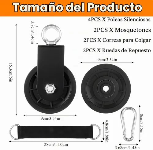 Vista 2 de Paquete de 4 ruedas de polea de cable silenciosas, sistema de polea de gimnasio resistente de 3.543 in con rotación de 360°, rodamientos de acero