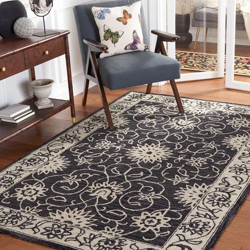 Vista 13 de SAFAVIEH Jardin Collection Alfombra de pasillo, 2 pies 3 pulgadas x 9 pies, negro y marfil, lana floral hecha a mano, ideal para zonas de alto