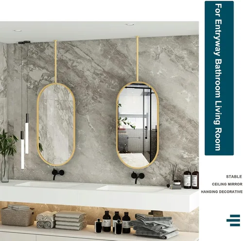 Vista 7 de Espejos de baño para tocador, espejo dorado montado en el techo con marco de metal y barra para colgar en el techo, espejo de pared decorativo