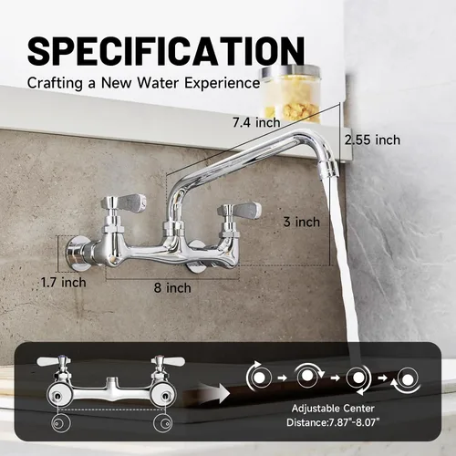 Vista 2 de modelo 4353 - Grifo de montaje en pared, grifo de cocina con boquilla giratoria de 8 pulgadas, cuello de cisne de 8 pulgadas, centro de 2 asas