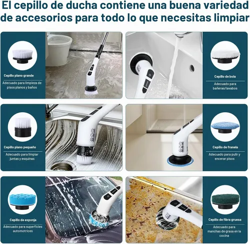 Vista 4 de Limpiador eléctrico giratorio con 7 cabezales de cepillo reemplazables, limpiador de ducha con mango largo, cepillo de limpieza inalámbrico 7 en 1