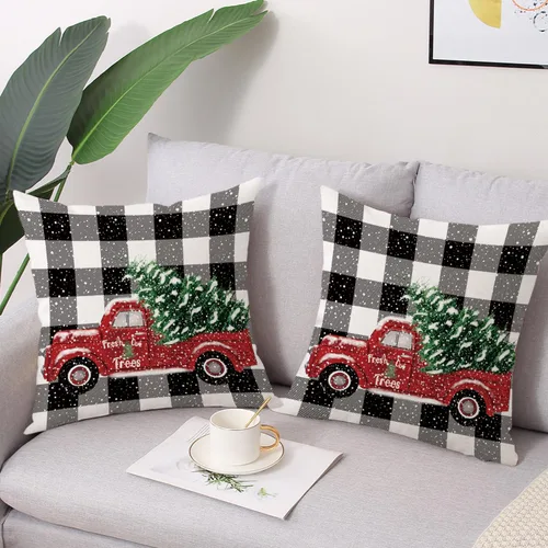 Vista 2 de Fundas de almohada de estilo navideño a cuadros de búfalo negro y blanco 45x45 centímetros (Negro a cuadros de búfalo)