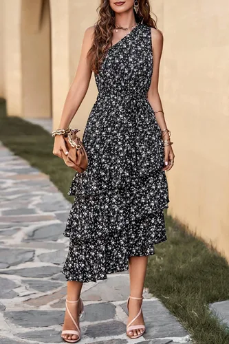 Vista 5 de PRETTYGARDEN Vestido de verano floral para mujer, casual, de un hombro, escalonado, con volantes, a media pierna, vestido bohemio para la playa