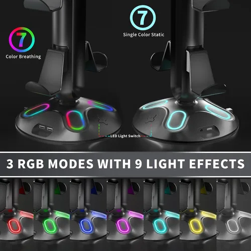 Vista 2 de Gaming RGB Headphone Stand, Controller Holder with 9 Light Modes and 2 USB Charging Ports and 3.5mm & Type-C - Controller Stand Hanger Accessories