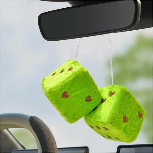 Vista 12 de 1 par de dados de felpa mullidos para espejo de automóvil, dados cuadrados retro de 3 pulgadas con forma de corazón, adorno colgante de dados retro