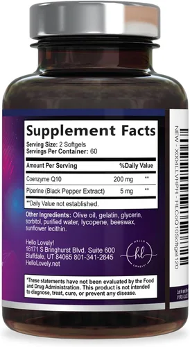 Vista 9 de Coenzima Q10 200 mg por porción Suplemento – Ultra alta absorción, antioxidante para la salud del corazón y apoyo a la producción de energía – CoQ10