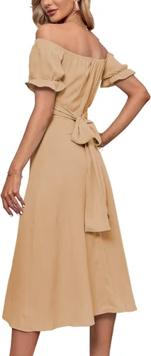 Vista 2 de LYANER - Vestido fruncido con hombros descubiertos, volantes, cruzado, de manga corta y abombada, para atar por detrás