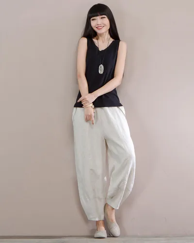 Vista 7 de IXIMO Pantalones 100% lino para mujer, ajuste relajado, farol, recortados, con cintura elástica