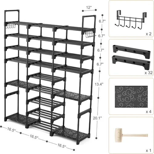 Vista 8 de Zapatero alto organizador de 9 niveles, 50 a 55 pares, zapatero grande para armario, entrada, garaje, almacenamiento grande de zapatos con ganchos