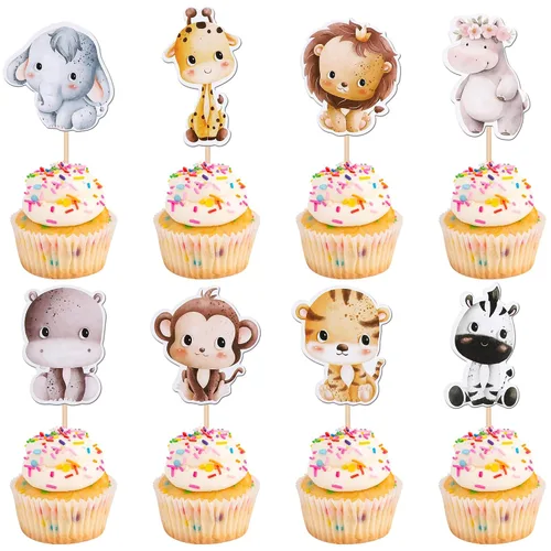 Vista 11 de 36 piezas de decoración para cupcakes de animales de la jungla, león, mono, cebra, hipopótamo, jirafa, elefante, temática de bosque, púas