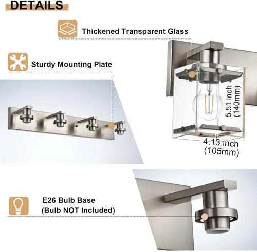 Vista 7 de Iluminación de aplique de pared de 2 luces con base de bombilla E26, lámpara de tocador de baño moderna de níquel cepillado para sobre espejo
