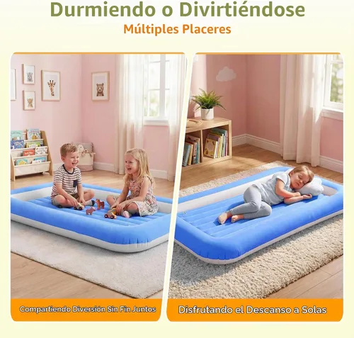 Vista 7 de Cama de aire para niños, colchón inflable para viaje de bebé con laterales, azul
