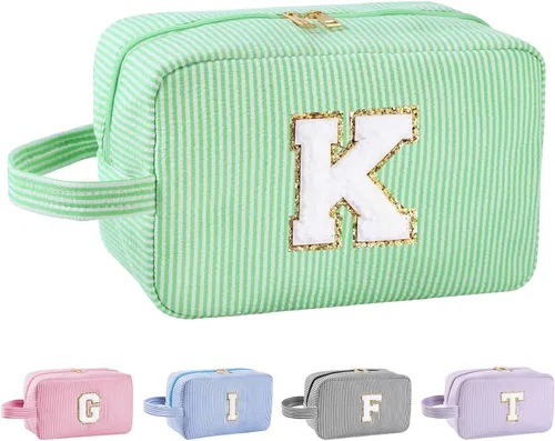 Vista 30 de Bolsa de maquillaje personalizada con inicial A-Z para mujeres, niñas y niños, bolsa de aseo de viaje, bolsa de maquillaje preparada, bolsa