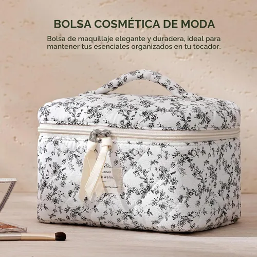Vista 3 de HBselect Bolsa de Maquillaje Acolchada, Bolsa de Maquillaje Grande de Algodón para Viaje, Lindas Bolsas de Maquillaje con Flores Coquette, Bolsas