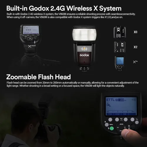 Vista 7 de Godox V860III-S Flash para Sony, 2,4G TTL Flash HSS Externo 1/8000s, 480 Destellos de Potencia Completa, Lámpara de Modelado LED de 10 Niveles