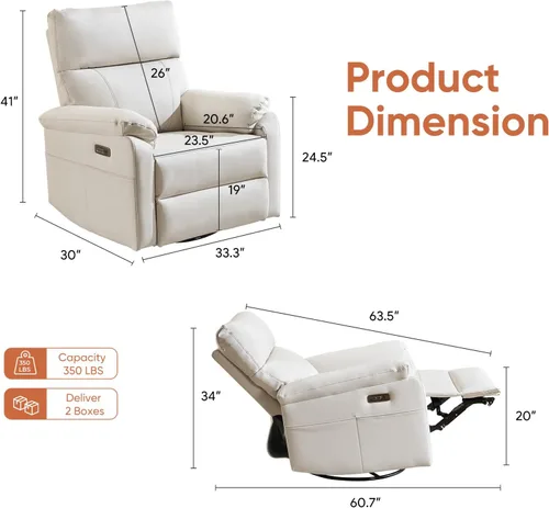 Vista 2 de Silla reclinable eléctrica con soporte lumbar ajustable, sillón reclinable giratorio con reposabrazos sobrerelleno, sillón reclinable para Beige
