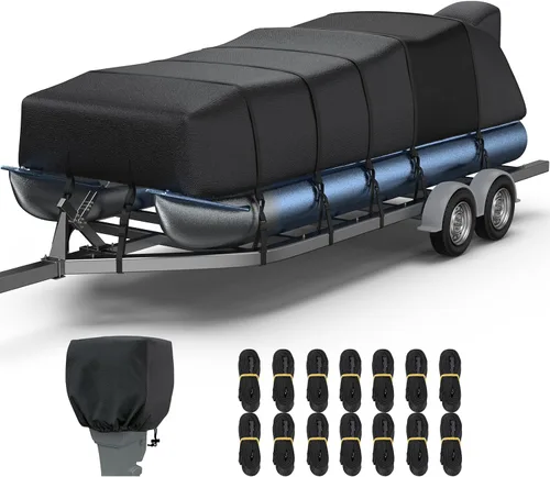Vista 12 de RVMasking Cubierta para barco pontón con cubierta para motor, 1400D resistente reforzada en el medio, cubierta impermeable para barco de grado