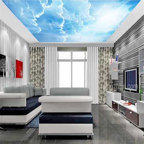 Vista 2 de Murales de pared 3D para techo, cielo azul y nubes blancas, papel tapiz panorámico extraíble, con ondas de nube, adecuado para decoración del hogar
