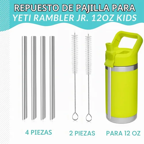 Vista 2 de 4 popotes de metal de repuesto para botella de agua YETI Rambler Jr., popotes de repuesto reutilizables de acero inoxidable con 2 cepillos