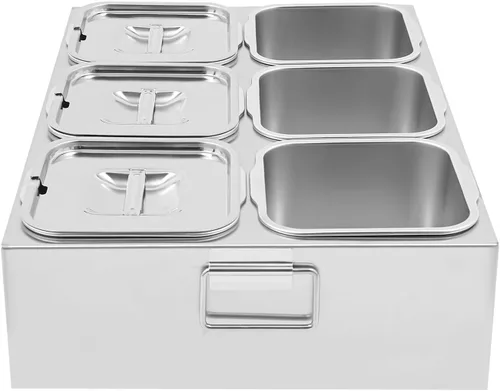 Vista 8 de Recipientes de condimentos de acero inoxidable, 6 estaciones de cobertura de pizza de 2.4 L, para preparar ingredientes y coberturas, recipientes